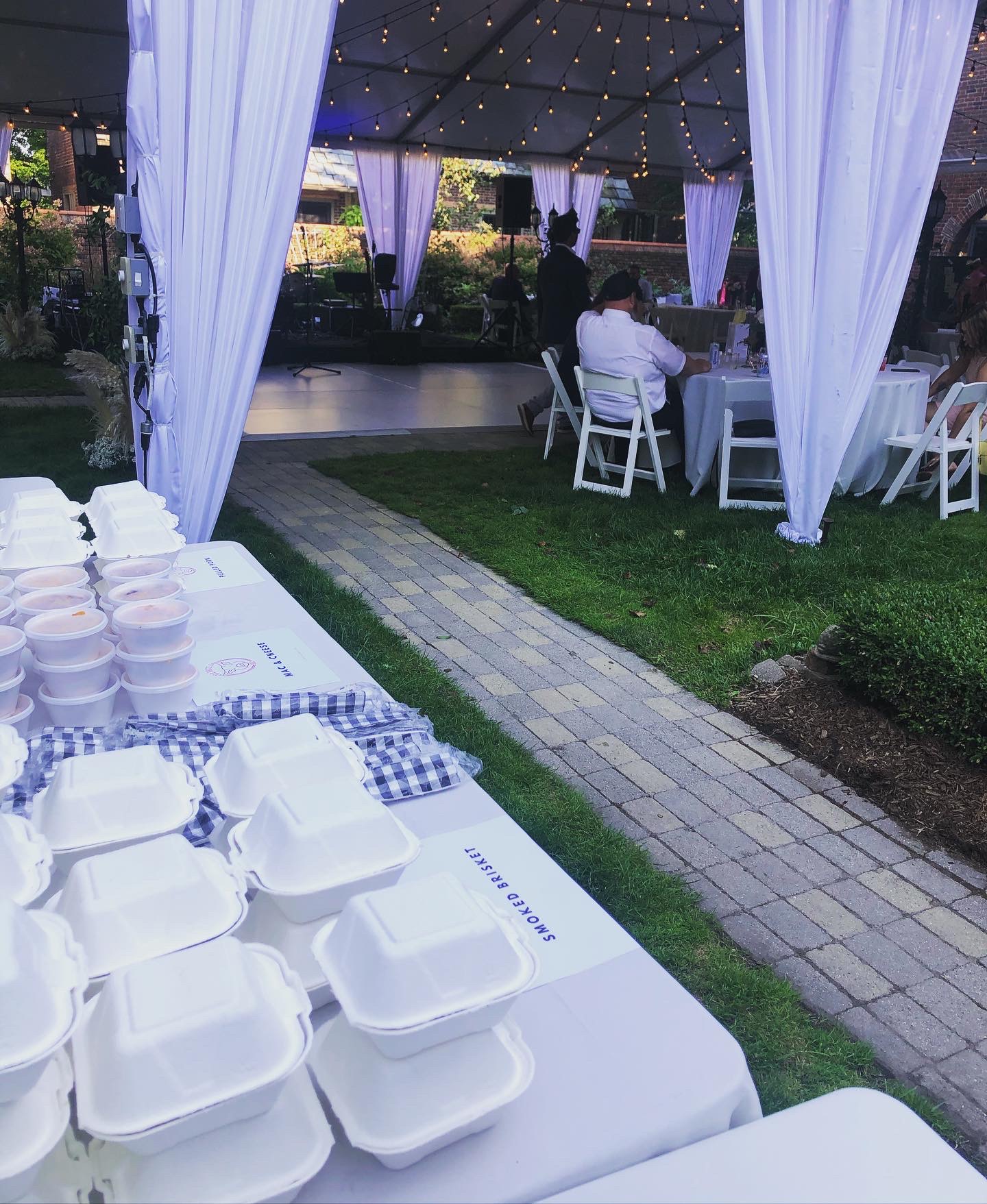 Chafing dishes set up for an Old Bruce J BBQ catered event